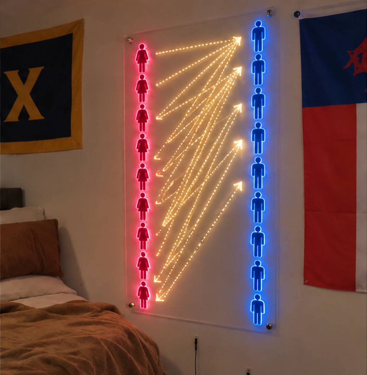 Original HyperFrame acrylic plaque illuminated above a bed in a dorm room