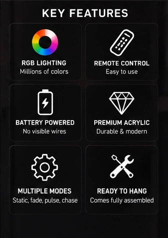 HyperFrame features: acrylic construction, RGB remote, battery power, and included mounting parts
